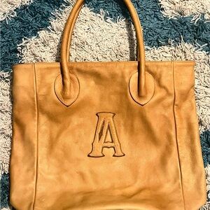 Cow Hide Brown Leather Tote Bag Shelly Litvak Satchel A Initial Monogram Purse